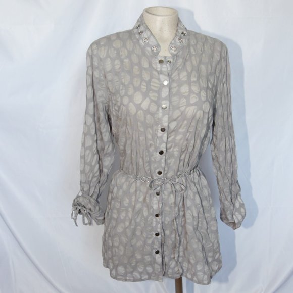 gray polka dot button down shirt tunic
